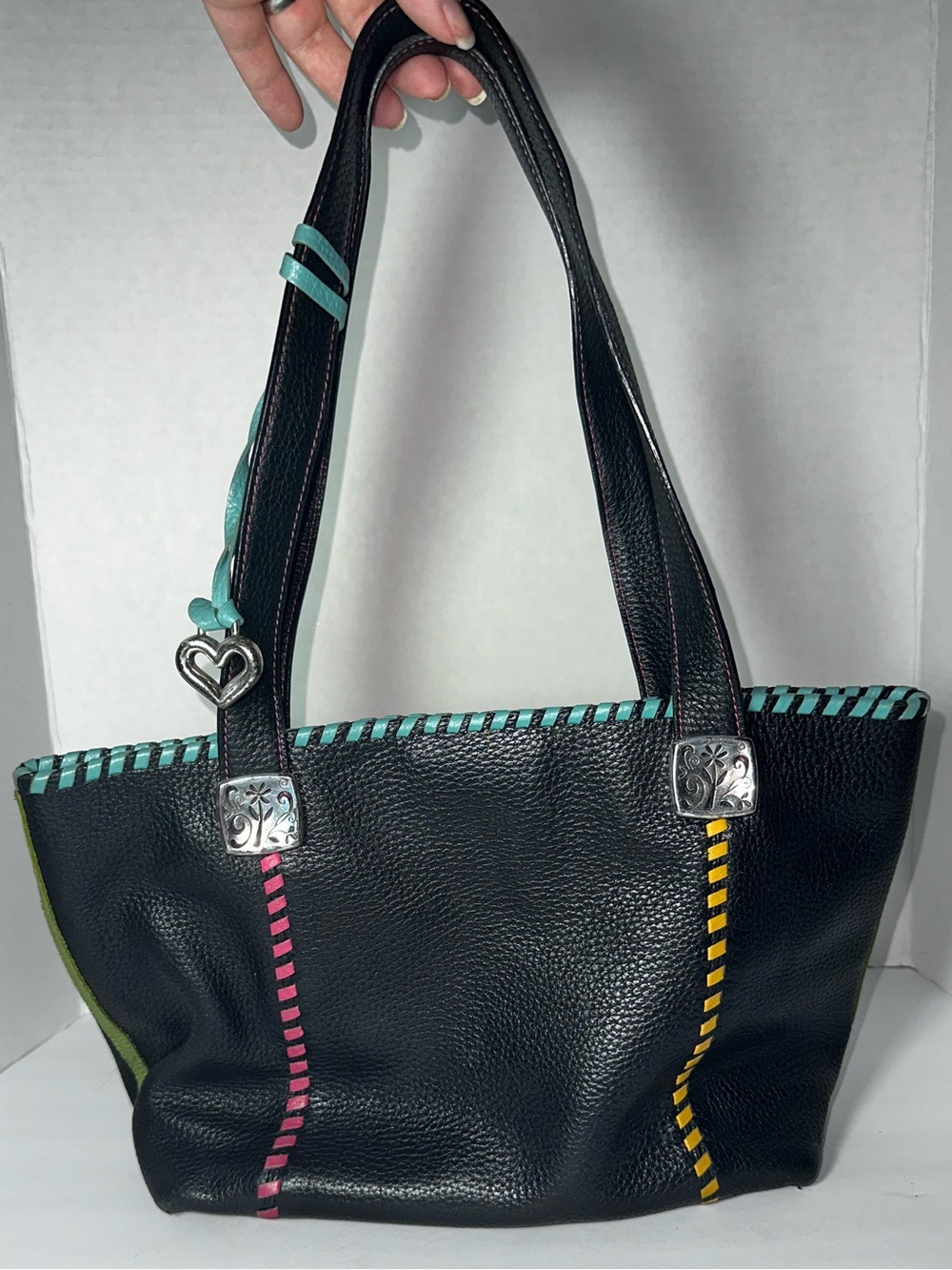 Black Brighton Pebble Leather Bag with Teal, Pink & Yellow Whipstich